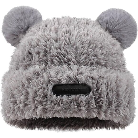 Women\'s Grey Furry Beanie with Pom Pom Winter Warm Knitted Hat Bear Costume main image 6